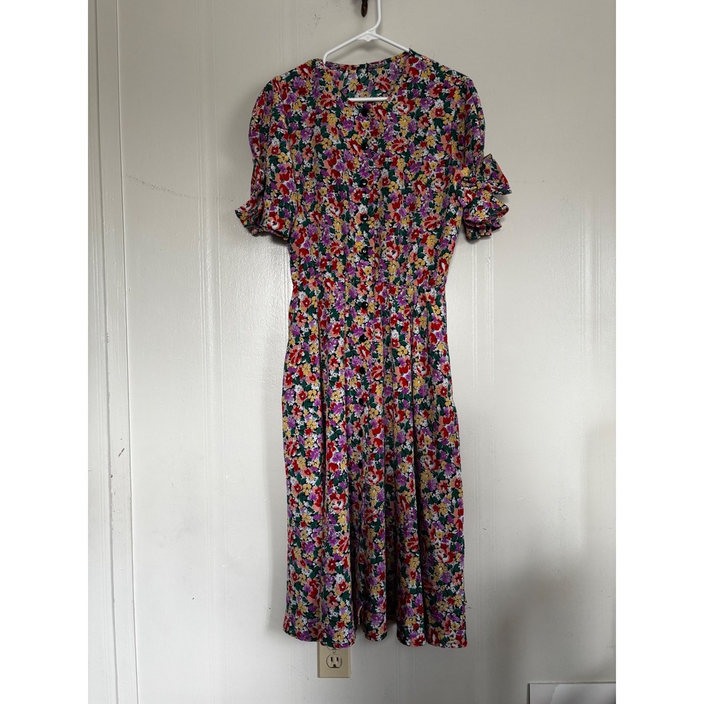 Impromptu Vintage Floral Button cottagecore Midi Dress Short Ruffle bow Sleeve